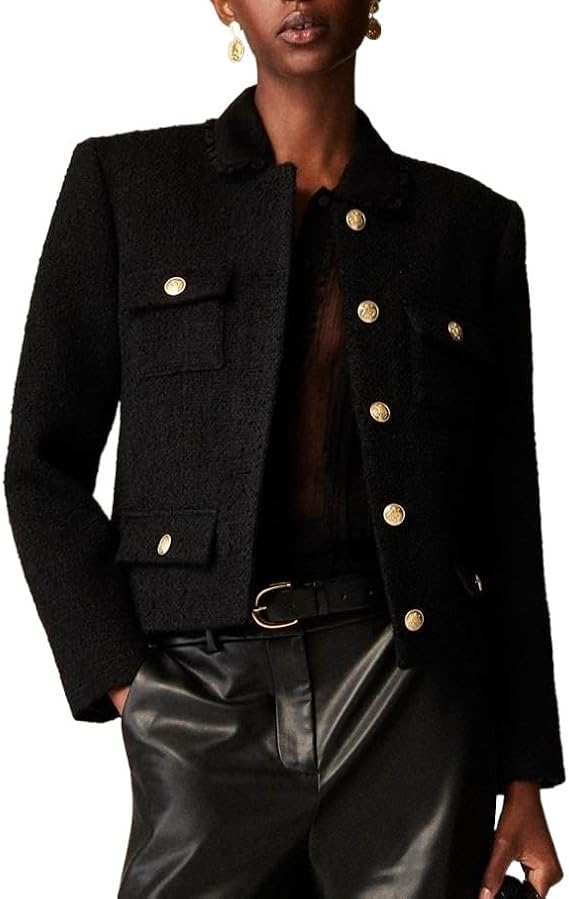 Women's Collarless Cropped Tweed Blazer Button Front Casual Business Jacket with Decorative Pockets