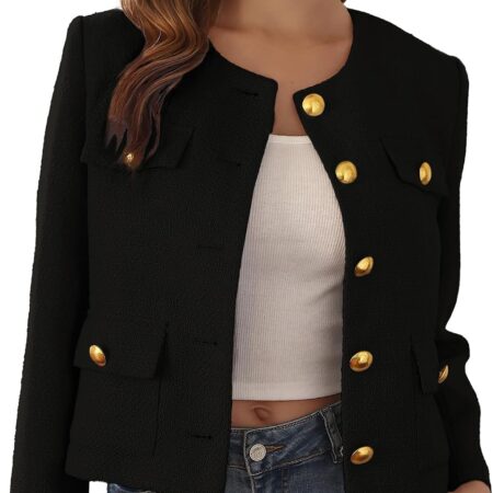 Women's Elegant Cropped Tweed Jacket Round Neck Long Sleeve Business Casual Outerwear with Pockets