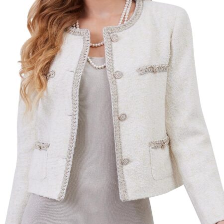 Women's Tweed Cardigan Style Blazer Jacket Long Sleeve Crewneck Open Front Cropped Coat with Pockets