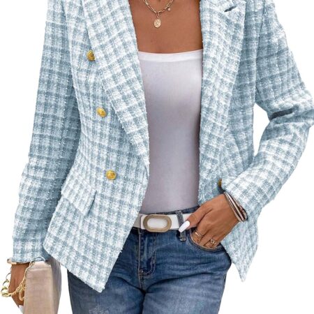 Women’s Plaid Double Breasted Tweed Work Jacket with Pockets
